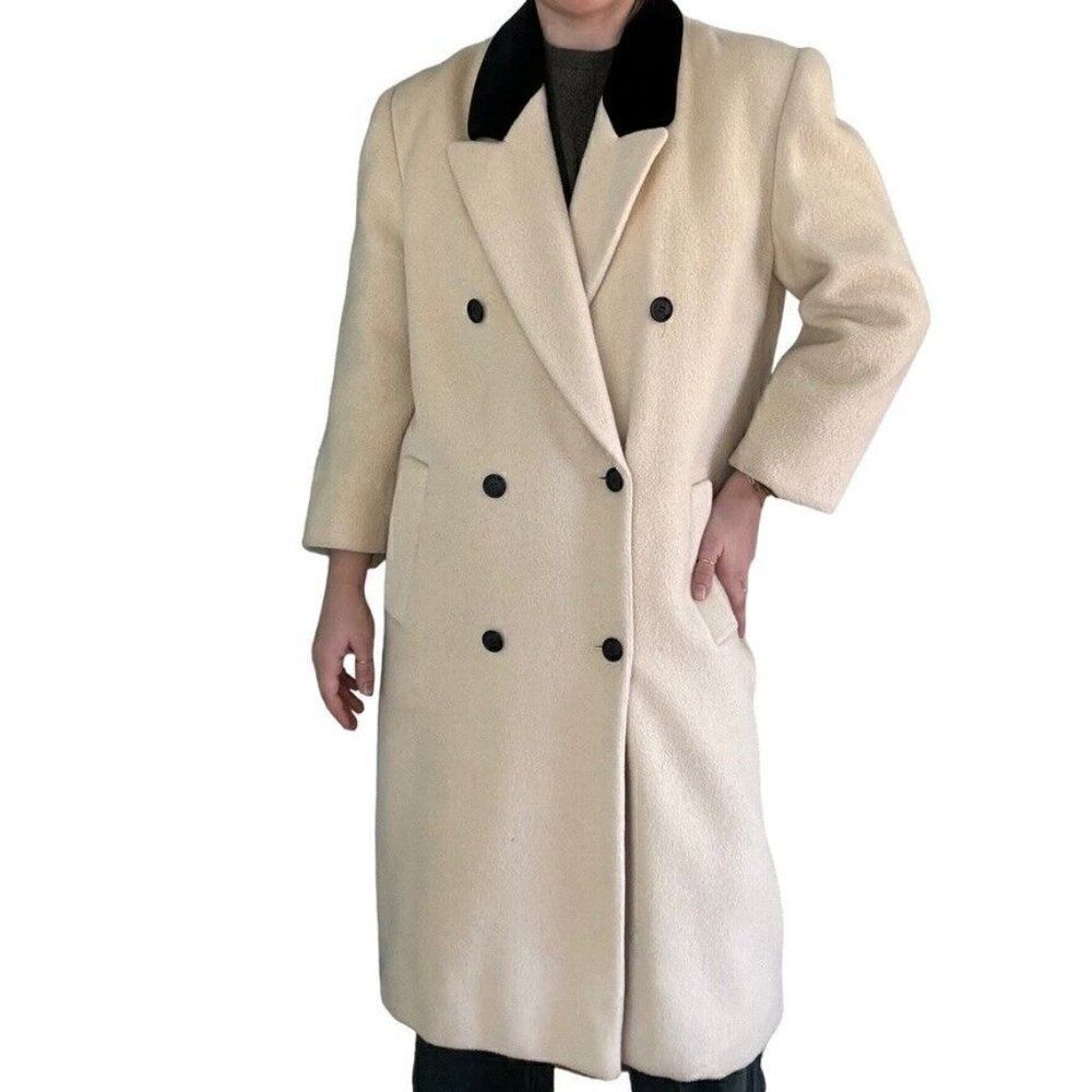 Vintage 1980s Christian Dior White Wool Double Breasted Retro Trench Coat Sz M - Picture 1 of 11
